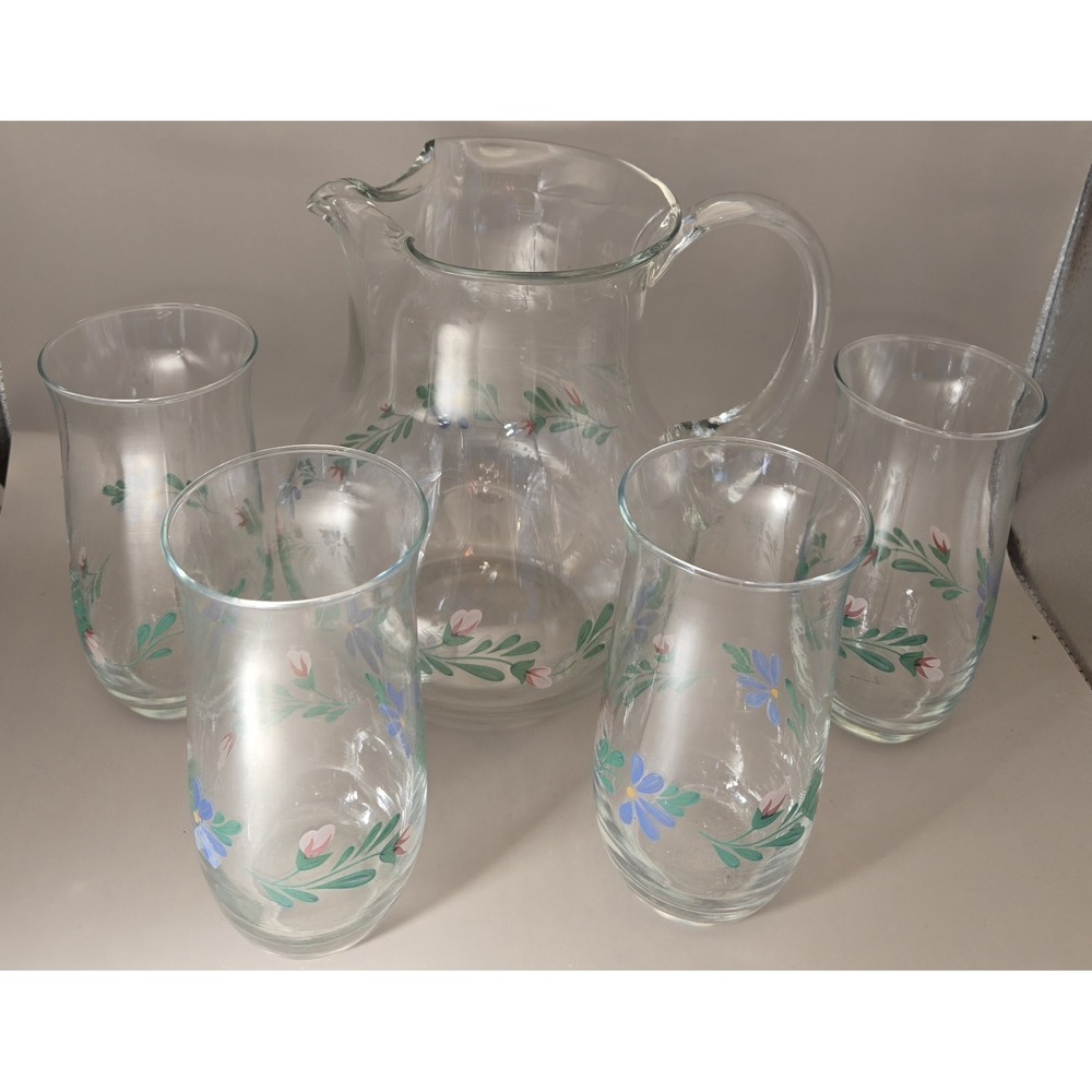Vintage Pitcher 4 Glasses Floral Design Glass With Ice Guard